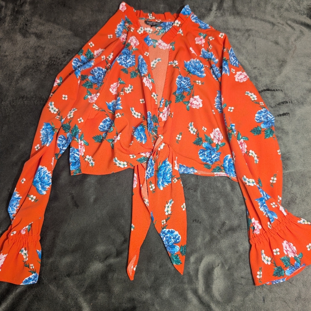 Topshop Orange Floral Tie Up Crop Top Blouse Size 8 Resort Wear Vacation Outfits